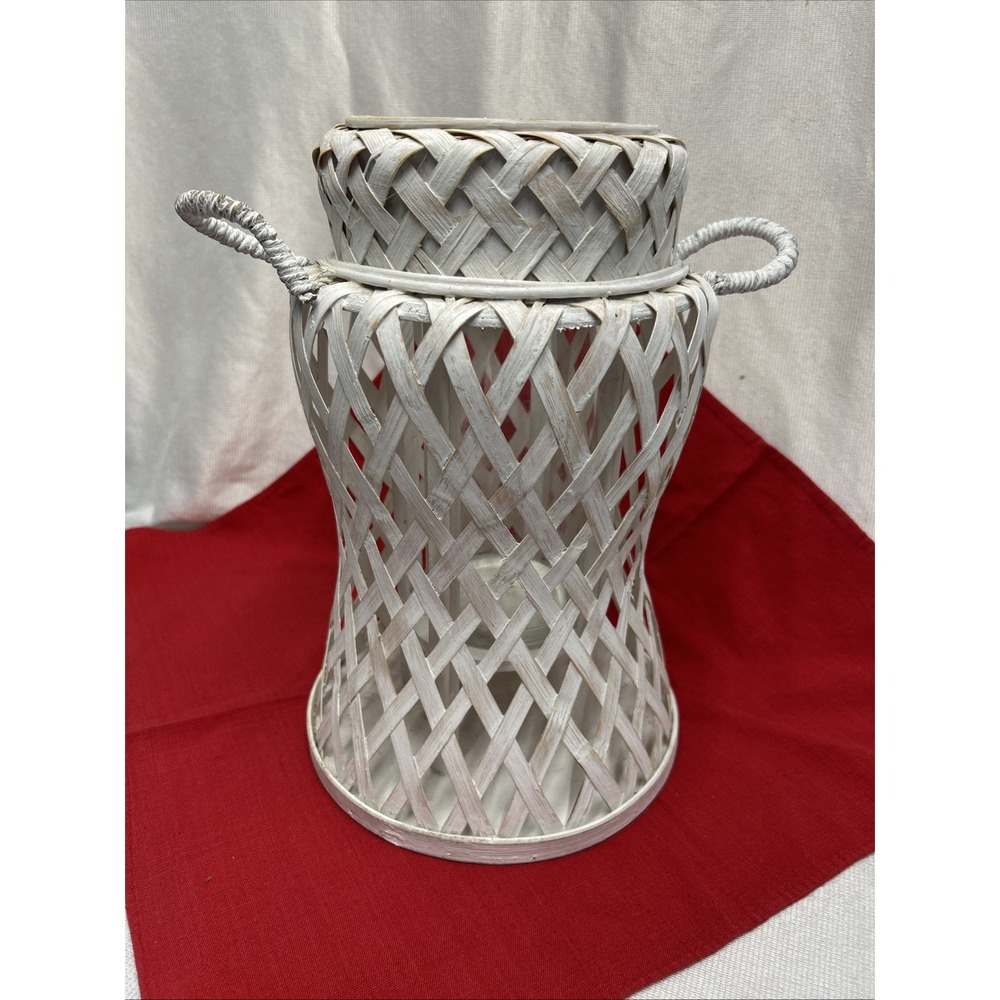 Large Whitewashed Rattan Hurricane Lantern Unique Boho Indoor Or Outdoor Decor